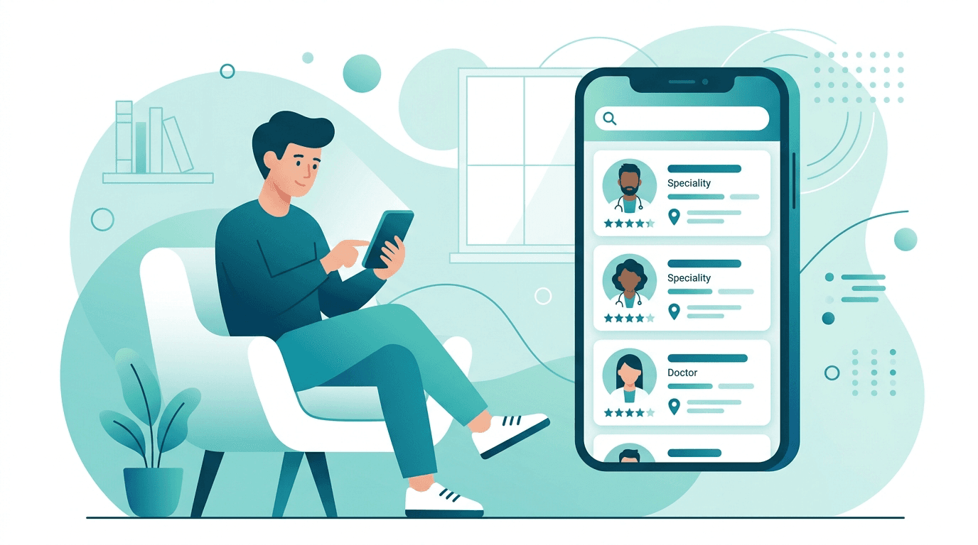 Ilustração de paciente buscando profissional de saúde online